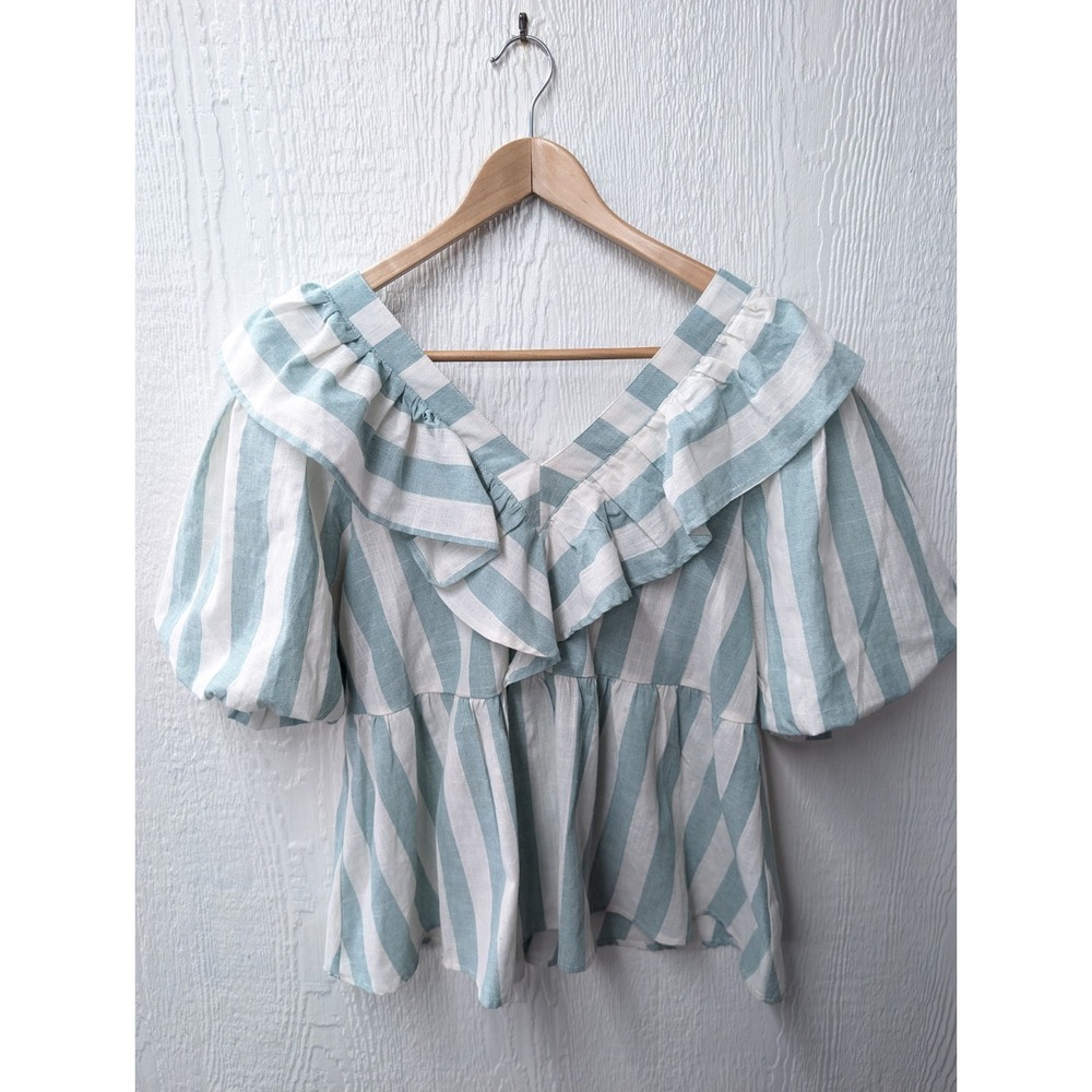 Entro Green White Striped Cotton Blend Ruffle Top Boutique Puff Sleeve Large